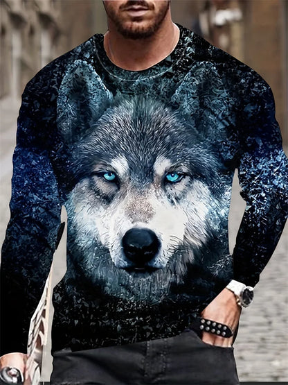 T-shirt de manga comprida para homem com novo estampado de lobo 2024, camisa casual diária de primavera e outono, moda streetwear masculina