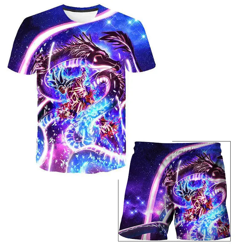 Japanisches Cartoon-Dragon-Ball-Z-T-Shirt, Kinder-Oberteil, T-Shirt- und Shorts-Zweiteiler für den Sommer, Jungen-T-Shirt + Shorts, Strandshorts