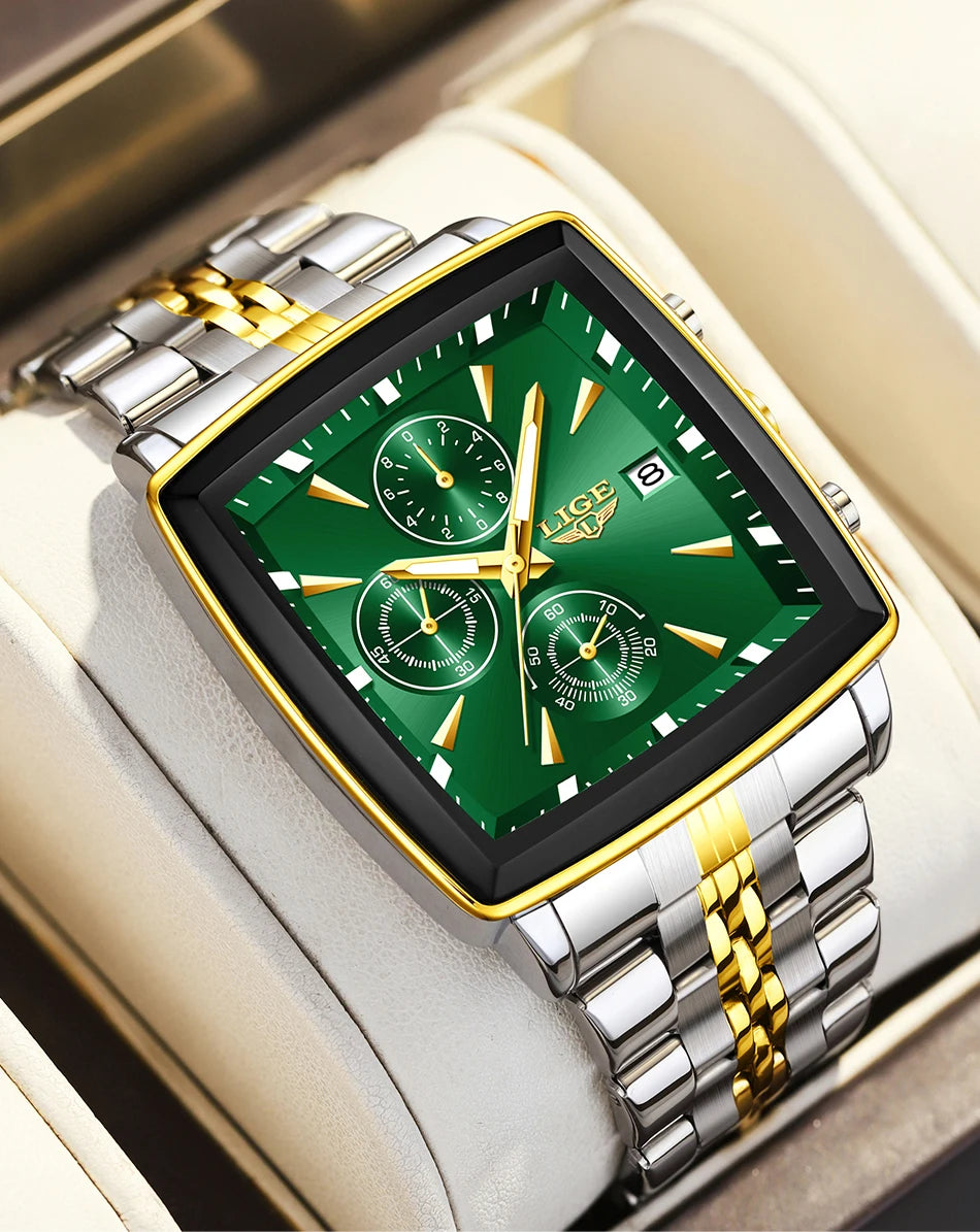 LIGE luxe herenhorloges, vierkant model, klassieke en trendy stijl, van roestvrij staal, waterdicht, sportief en casual, met quartz uurwerk.