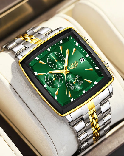LIGE luxe herenhorloges, vierkant model, klassieke en trendy stijl, van roestvrij staal, waterdicht, sportief en casual, met quartz uurwerk.