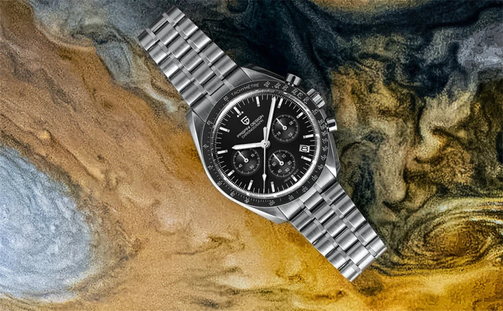 Pánske hodinky PAGANI DESIGN „New Moon“ – luxusné quartzové hodinky, chronograf, zafírové sklo s antireflexnou úpravou, keramický rámček, luminiscenčné ručičky