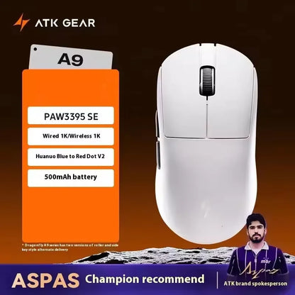 ATK A9 belaidė žaidimų pelė su NearLink technologija, ergonomiška PAW3395, trijų režimų Bluetooth, mažos delsos e. sporto pelė PC