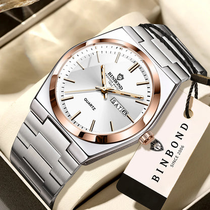 Montre-bracelet à quartz de luxe BINBOND, lumineuse, étanche, jour de la semaine, date automatique, bracelet en acier, style business, sport, mode et décontracté.