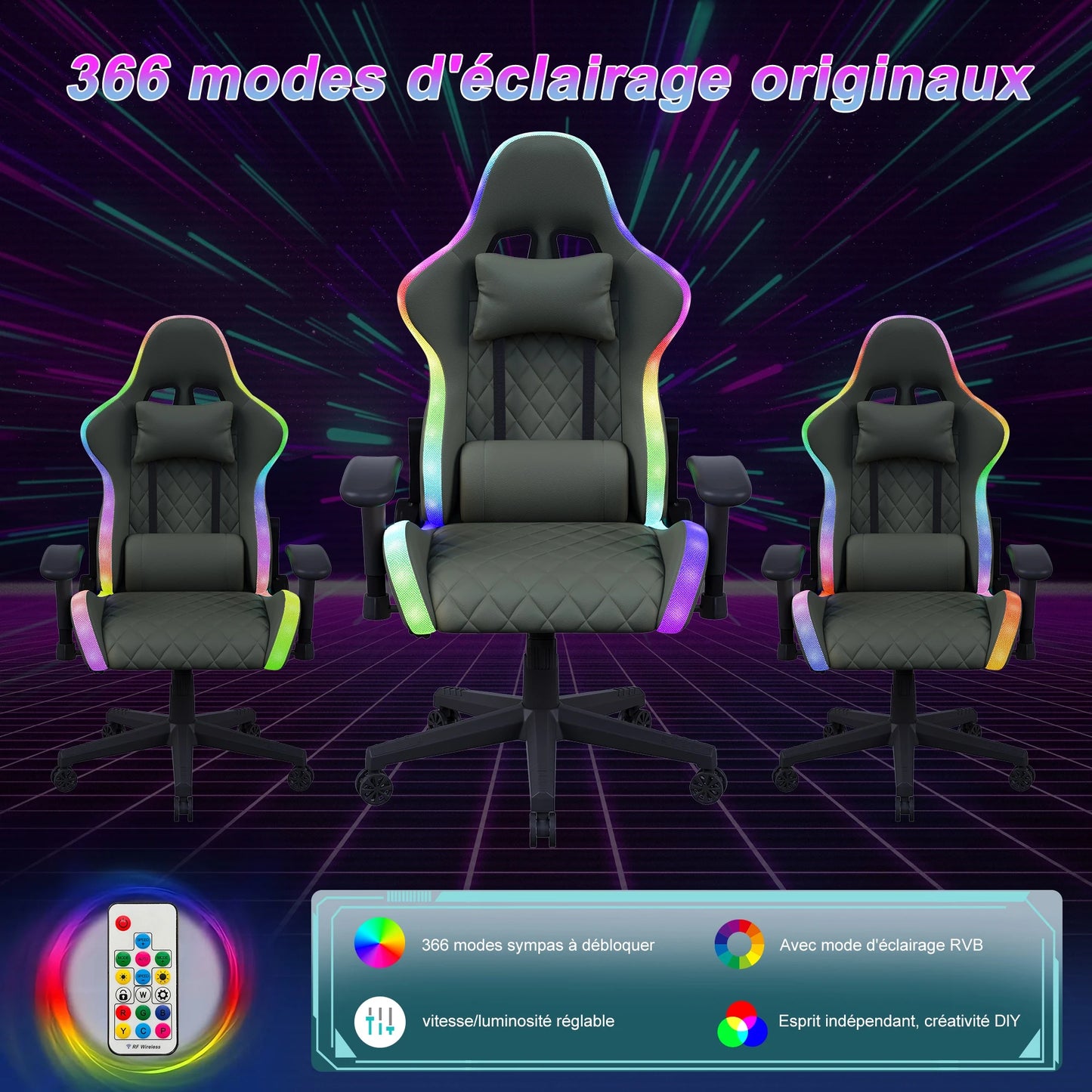 Gaming Chair,Ergonomic Gaming Chair with LED,Adjustable Computer Chair for Teenagers,Lumbar Cushion,Gamer Chair,Black