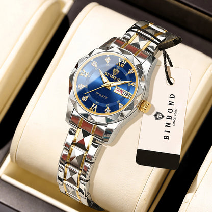 Montre pour femme BINBOND : montre à quartz robuste, luxueuse, luminescente et étanche, dotée d'un affichage précis de la date et du jour de la semaine.
