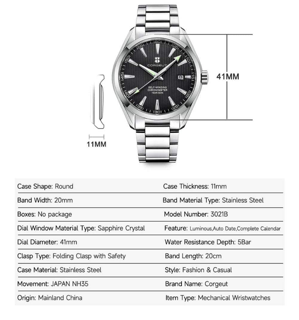 Luxury NH35 Corgeut Watch Men reloj hombre 41mm Sport Clock Automatic Mechanical Wristwatches Sapphire Steel Band Men's Watch