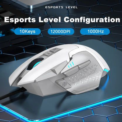 Ratón gaming con cable, 12000 DPI ajustables, programación de macros, retroiluminación RGB, diseño ergonómico y tecla de disparo para e-sports, ratón para PC