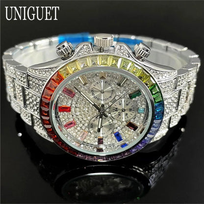 Hot Fashion Green Watches Men Brand UNIGUET Luxury Stainless Steel Hip Hop Rainbow Diamond Quartz Wristwatch Male Dropshipping ﻿