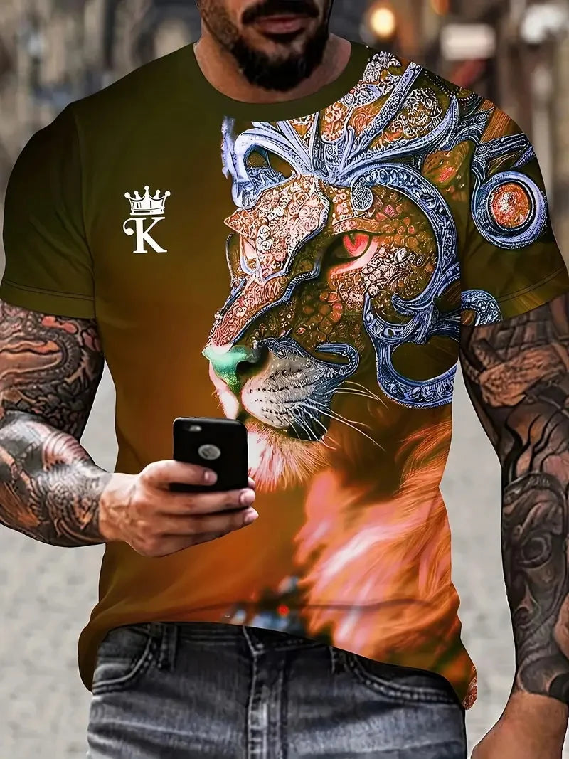 3D Plus Size Men's Lion Print T-shirt Summer Short Sleeve Crew Neck Tees Shirts For Men New In Animal Lion Graphic Tshirts Tops