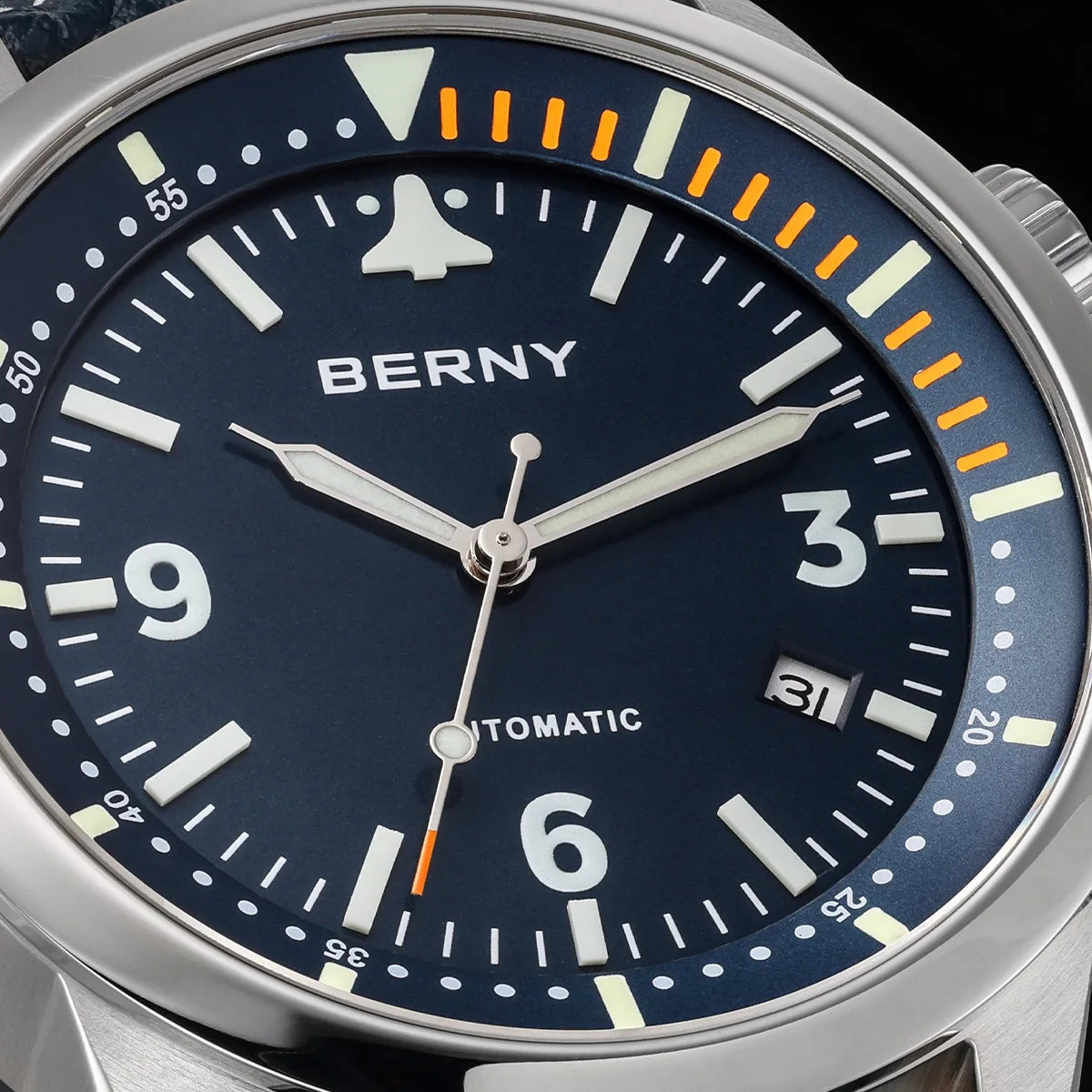 BERNY Men's Automatic Diver Watch Supper Luminous Sapphire AR Coated MlYOTA 8215 Leather Strap Mechanical Diving Watches for Men
