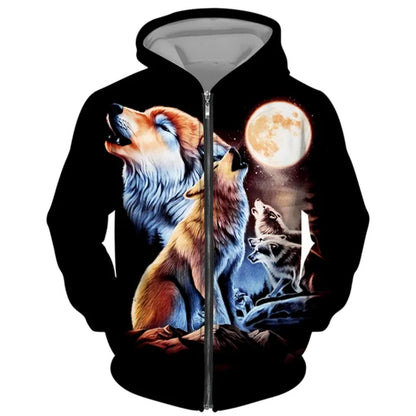 3D Wolf Print Men's Zipper Hoodies Fashion Animal Pattern Top Coat Street Punk Style Oversized Sweatshirts Outdoor Leisure Jackets