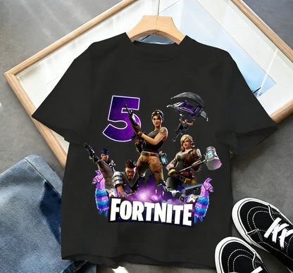 Dziecięca koszulka urodzinowa Fortnites z numerem dla dziewczynek i chłopców, letnia bawełniana koszulka dla niemowląt, imprezowy top z krótkim rękawem, prezent dla malucha