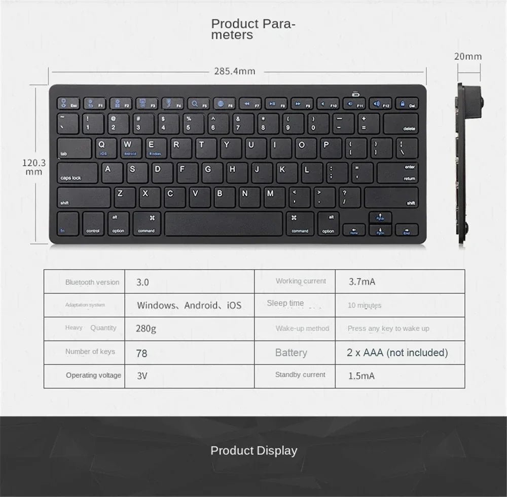 Mini Bluetooth Wireless Keyboard - 78 Keys Portable for PC/Tablet/Smartphone, Compatible with iPad, Compact Design forOffice