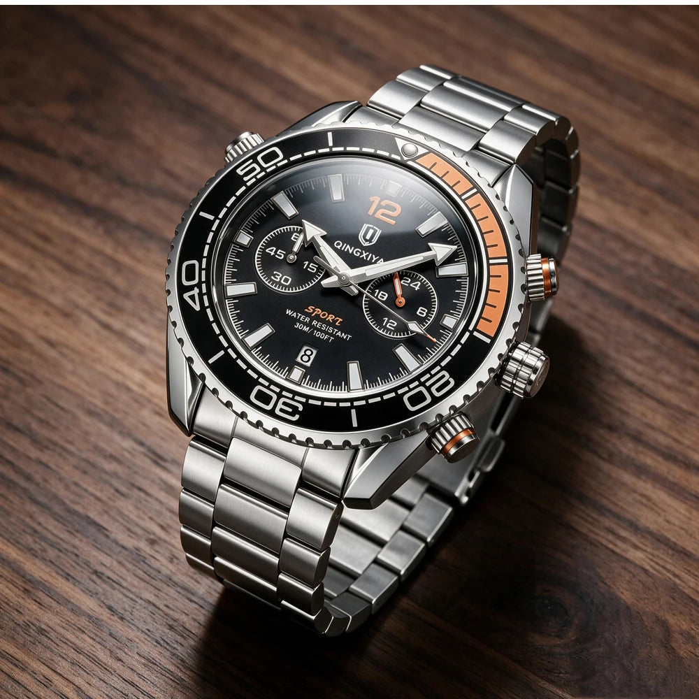 Luxus-Armbanduhr für Herren der Marke QINGXIYA, wasserdichter Sport-Chronograph mit beleuchtetem Datum, lässige Quarzuhr für Herren