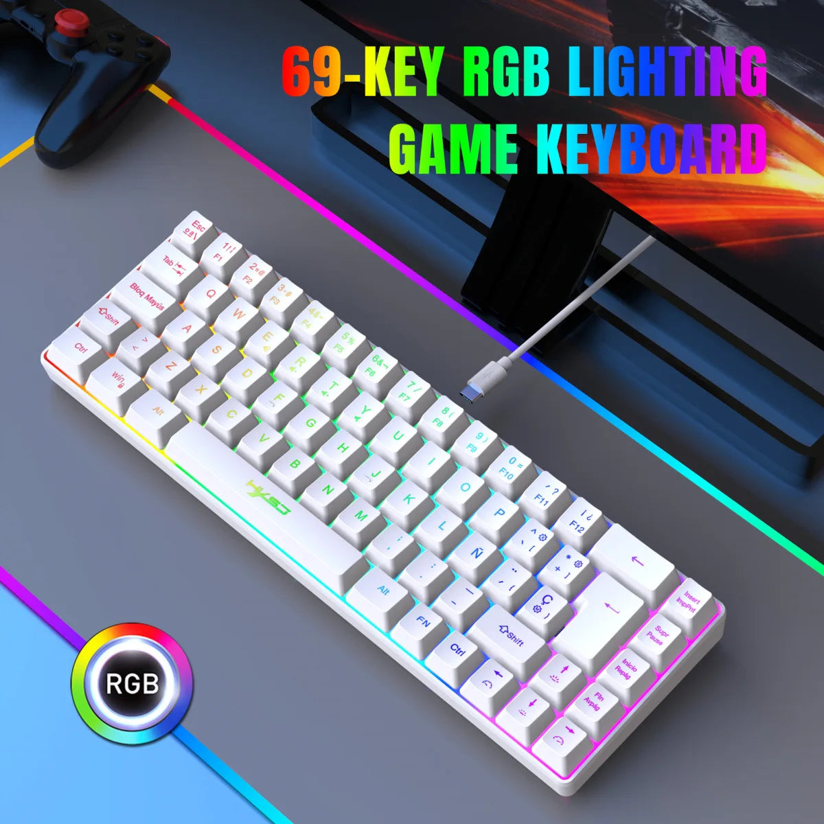 RGB backlit keyboard Russian 69 keys white membrane gaming wired ergonomic Keyboards for compact mini  for pc laptop color black