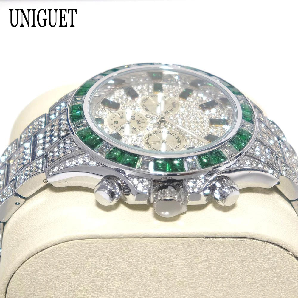 Hot Fashion Green Watches Men Brand UNIGUET Luxury Stainless Steel Hip Hop Rainbow Diamond Quartz Wristwatch Male Dropshipping ﻿