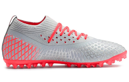 Chaussures de football Puma Future 4.2 Netfit, bout rond, à lacets, multi-sol, basses, MG, grises et rouges, 105681-01