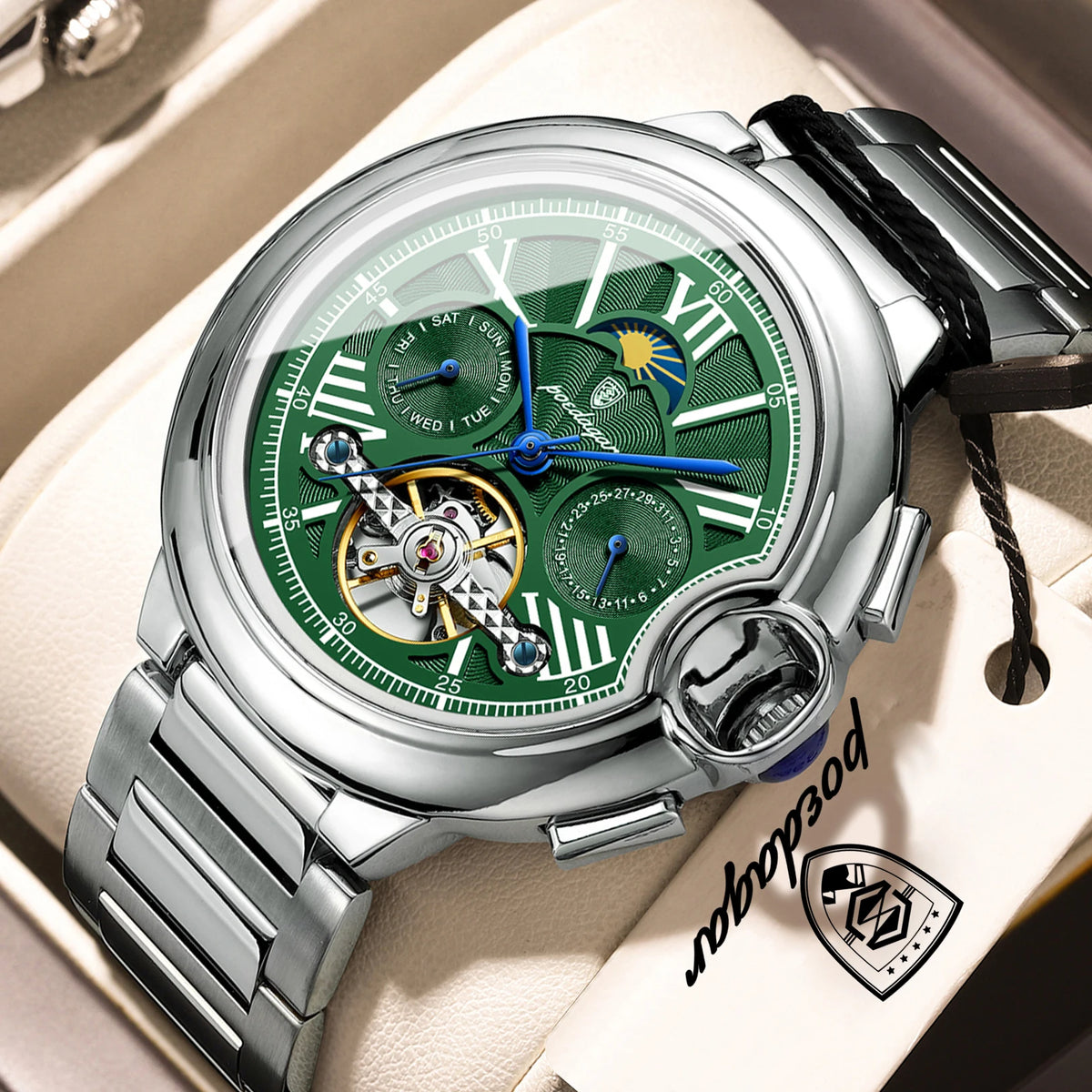 POEDAGAR luxus férfi karóra – Mechanikus automata modell dátum- és napkijelzéssel, bőr szíjjal, tourbillon-mechanizmussal, vízálló, elegáns és professzionális stílusú.
