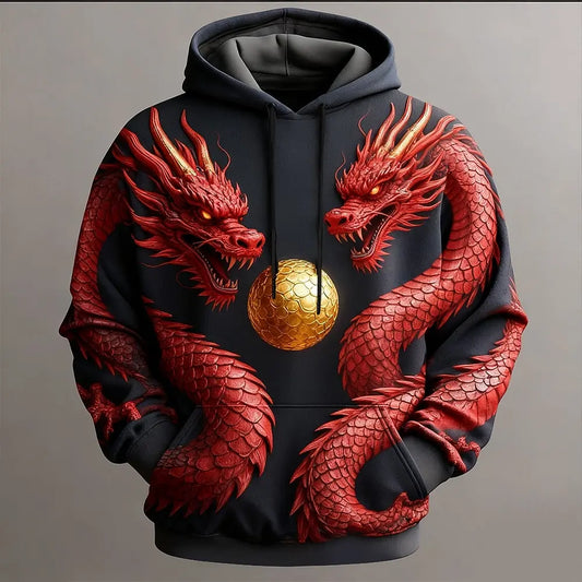 Men's 3D Printed Dragon Clan Golden Dan Pattern Hooded Sweatshirt Casual Polyester Autumn and Winter Casual Clothing