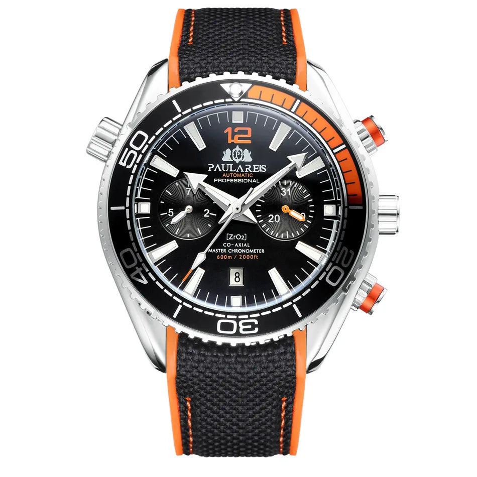 PAULAREIS P Relógio mecânico automático de luxo para homem com corda automática, bracelete em borracha, impermeável, luminoso, com data, relógio de moda masculino