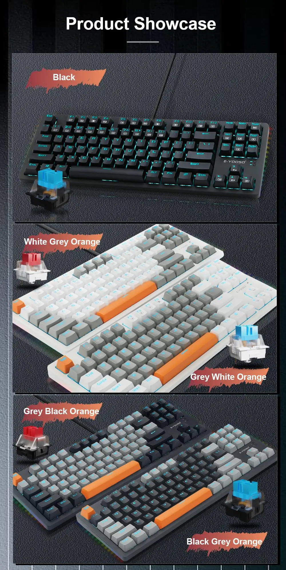 E-YOOSO K620 USB Mechanical Gaming Keyboard Wired Blue Red Switch Monochrome LED Backlit 87 Key for Computer Laptop PC
