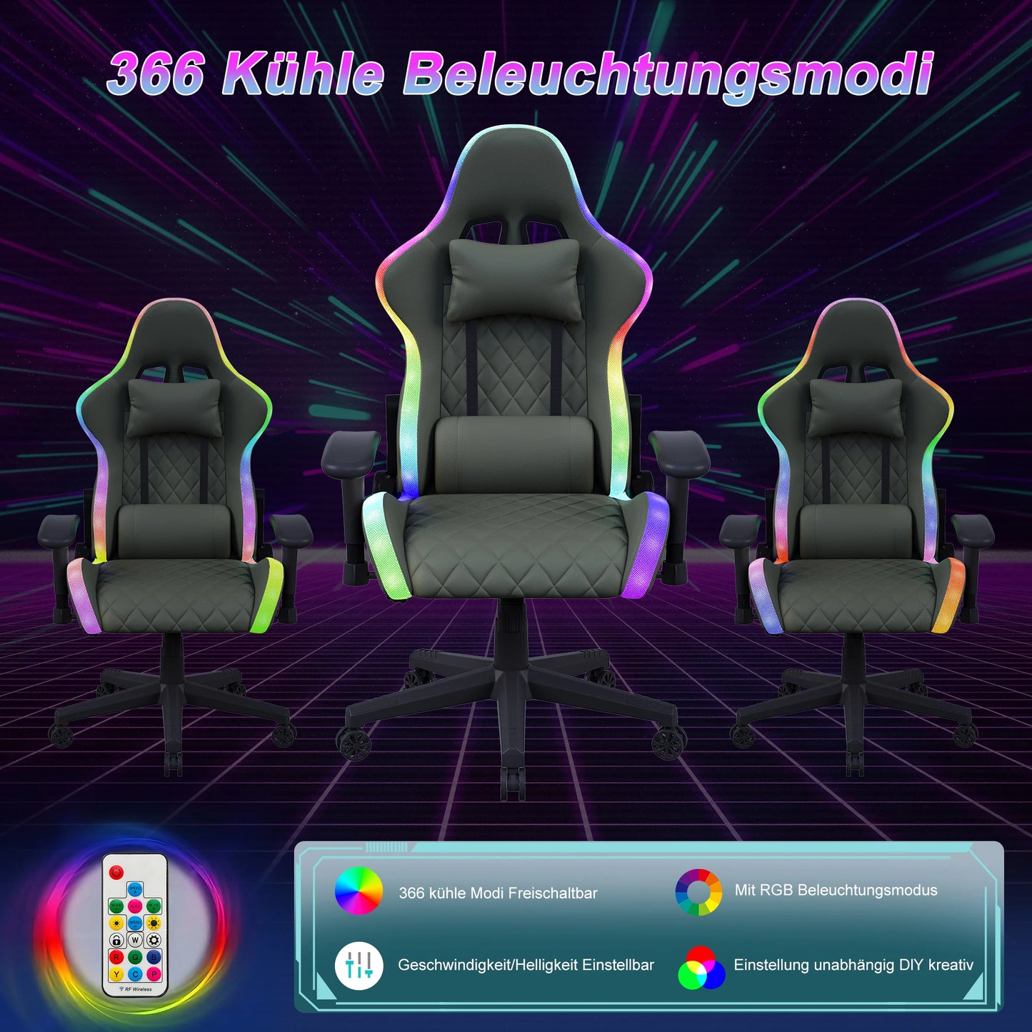 Rosahqnda Gaming Chair with Massage Function, Adjustable Office Chair, Gamer Chair with LED,Lumbar Cushion, Pillow,150 KG