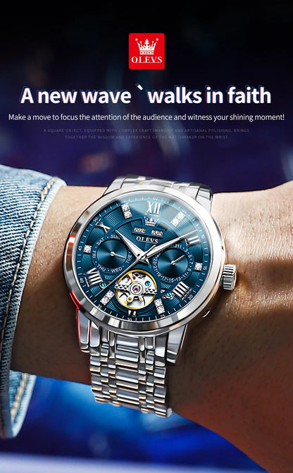 OLEVS 6701 Men's Watch Luxury Waterproof Auto Date Mechanical Watch For Men Hollow Skeleton Diamond Wristwatch Luminous Clock