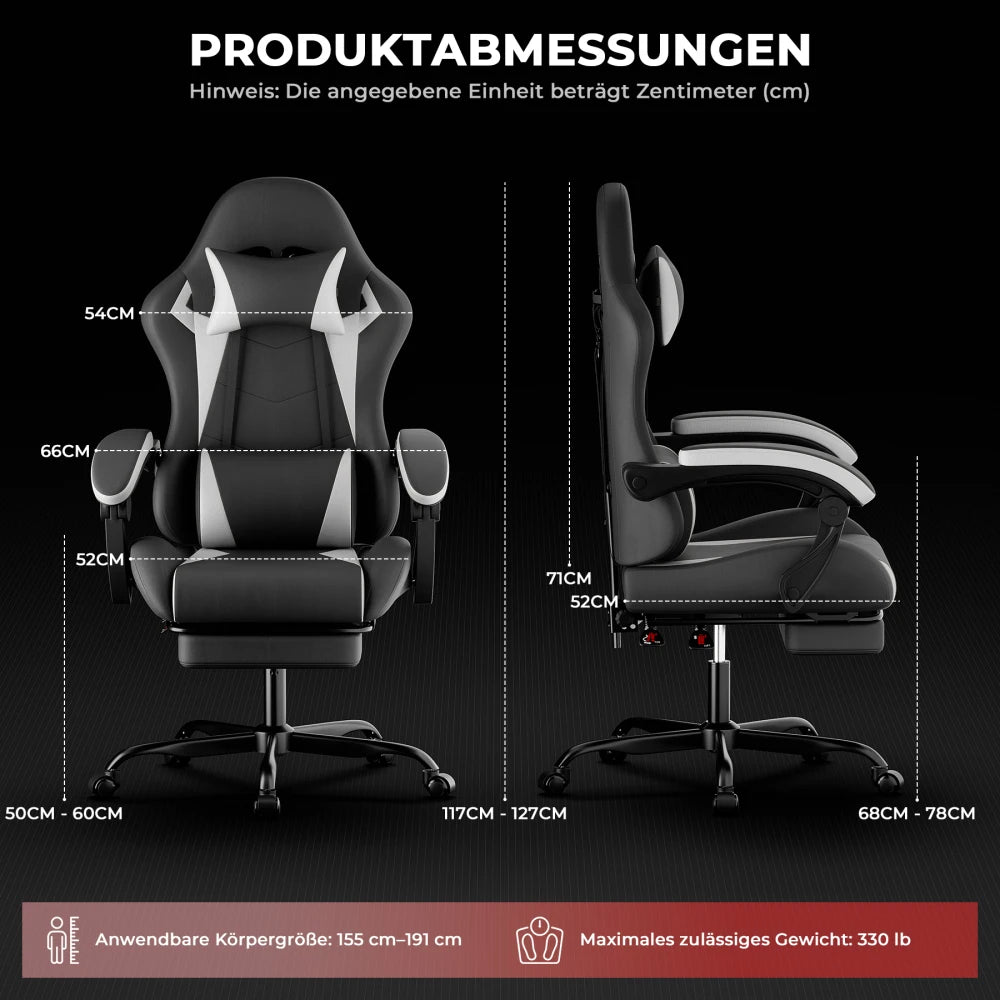 Gaming Chair Ergonomic Gaming Chair with Lumbar Pillow and Headrest, Gamer Chair Height Adjustable, PC Chair for Adults Girls Boys, Black and White