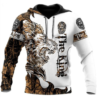 Sweatshirt com Capuz Unissexo de Outono com Estampado 3D Integral de Leão, Lobo e Pele de Tigre Branco para Homem, Pullover Casual Estilo Casaco