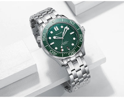 PHYLIDA New Green Dial PT5000 MIYOTA Automatic Watch DIVER 200M Sapphire Crystal Solid Bracelet WR 20Bar