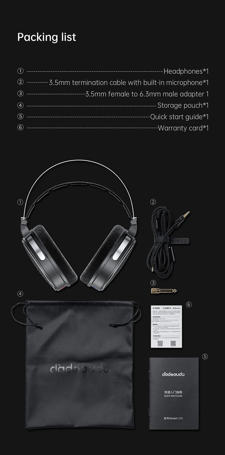 Auriculares circumaurales abiertos con cable FiiO JT3, driver dinámico de 50mm HiFi y cable desmontable
