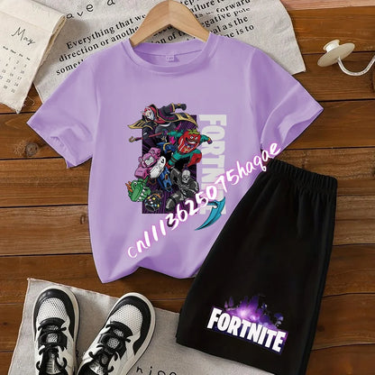 Summer FortnitesT-shirt Shorts for Boys Girl Tee Pants Set 2pcs Children Clothing Tops T-shirts Fortress Night Print Tees Gift