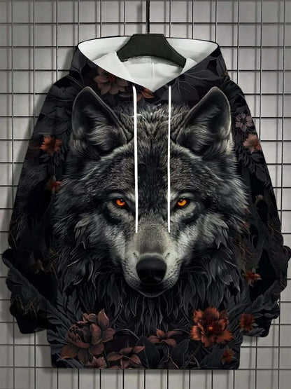 2025 Fashion Men's Autumn Wolf Printed Comfortable Soft Hooded Sports Shirt Outdoor City Street Top