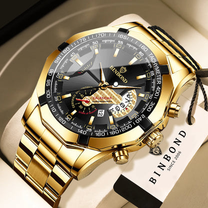 Montre-bracelet à quartz de luxe BINBOND pour homme, lumineuse, étanche, date automatique, en acier inoxydable