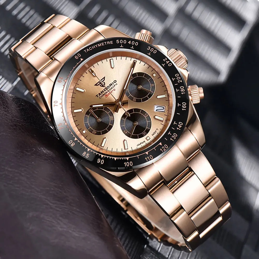 Reloj de lujo para hombre VK63 con movimiento de cuarzo, cronógrafo de negocios, 39mm, acero/oro rosa, fecha, esfera luminosa y cronógrafo completo
