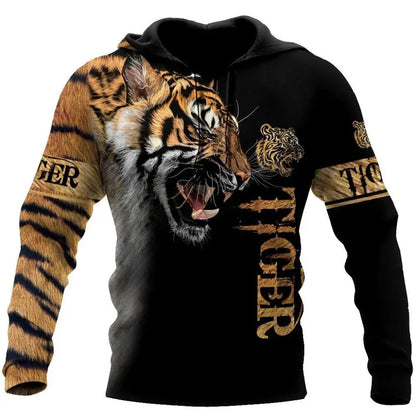 Sweatshirt com Capuz Unissexo de Outono com Estampado 3D Integral de Leão, Lobo e Pele de Tigre Branco para Homem, Pullover Casual Estilo Casaco
