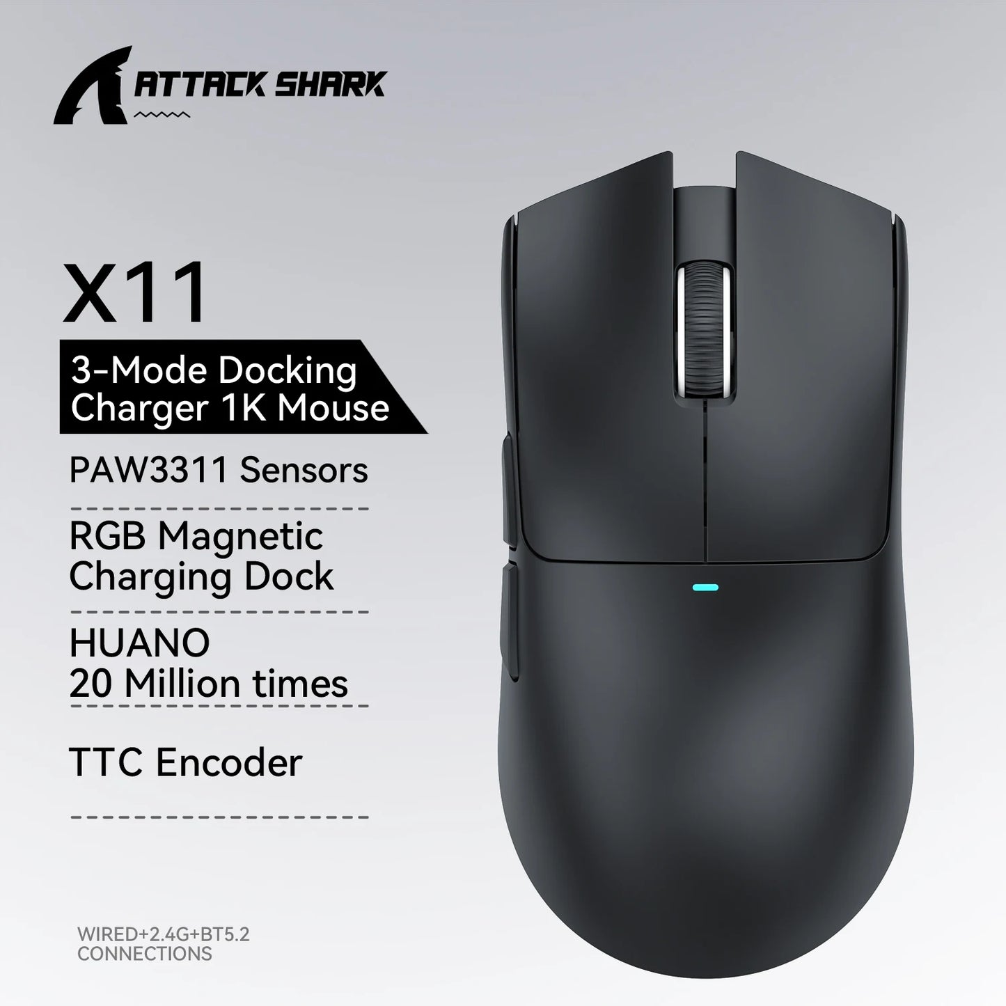 ATTACK SHARK X11 žaidimų pelė ir X11 SE belaidė pelė, 22000 DPI, PAW3311 jutiklis, BT/2.4G/laidinė, lengva 59g, 2000W paspaudimų