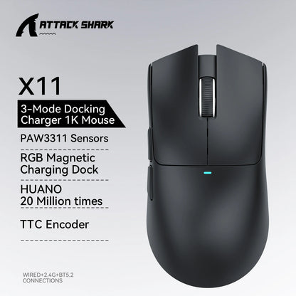 ATTACK SHARK X11 žaidimų pelė ir X11 SE belaidė pelė, 22000 DPI, PAW3311 jutiklis, BT/2.4G/laidinė, lengva 59g, 2000W paspaudimų