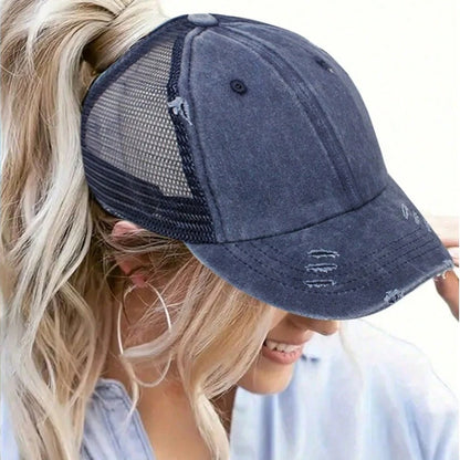 1pc Vintage Ponytail Mesh Baseball Cap,Adjustable Outdoor Sun Protection Washed Distress Trucker Hat,Suitable for Spring/Autumn