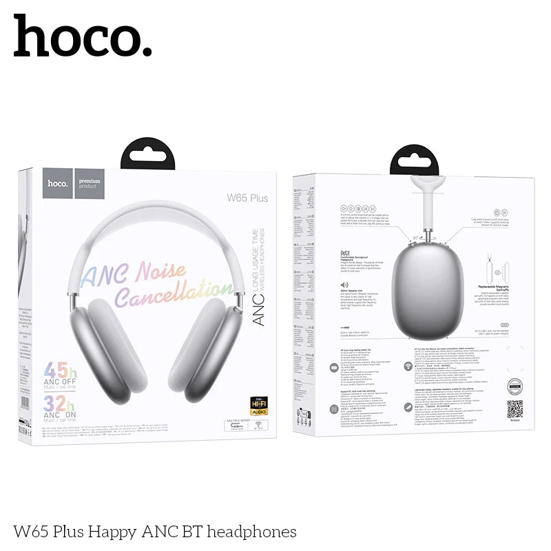 Casque Bluetooth HOCO W65 Plus ANC à réduction de bruit, circum-auriculaire, sans fil, grand écouteur, son Hi-Fi, casque sport avec bouton