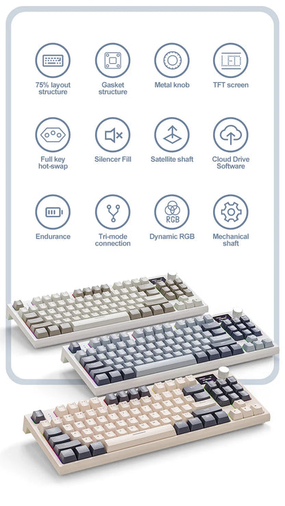 Teclado mecânico ATTACK SHARK K86 com botão metálico, ecrã TFT inteligente a cores, layout de 87 teclas, iluminação RGB e ligação trimodo