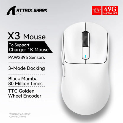 ATTACK SHARK X3 Wireless Gaming Mouse, Tri-Mode Bluetooth Gaming Mouse with PAW3395 Sensor, 26,000 DPI, 4K Polling Rate, RGB Gaming Mouse