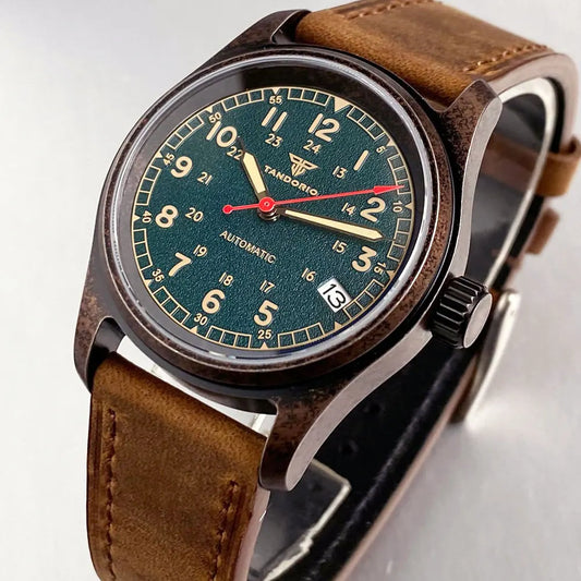 PVD Bronze Case TANDORIO 36mm Military Field Watch Men Japanese NH35A Automatic Movement Sapphire 200M Waterproof Pilot Watches