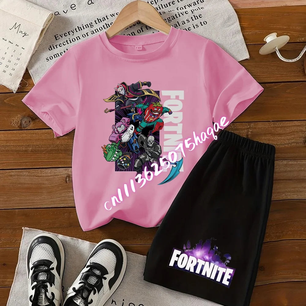 Summer FortnitesT-shirt Shorts for Boys Girl Tee Pants Set 2pcs Children Clothing Tops T-shirts Fortress Night Print Tees Gift