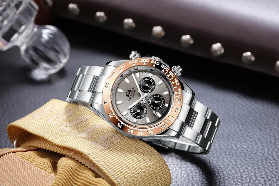 Automatic Mens Watch Self Wind Mechanical Gold Stainless Steel Glacier Ice Blue Dial Chestnut Brown Bezel Luminous Men Watches