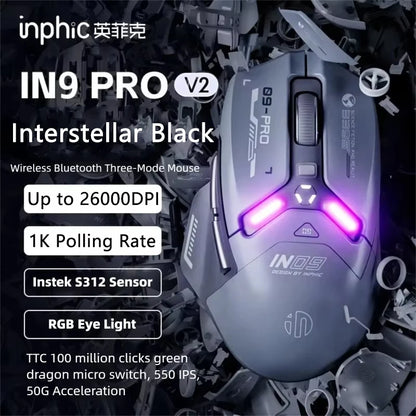 Inphic IN9PRO Wireless Gaming Mouse 26000DPI 8K Polling Rate Bluetooth 5.0 Wired 2.4G Tri-mode RGB Ergonomic Gaming Mouse