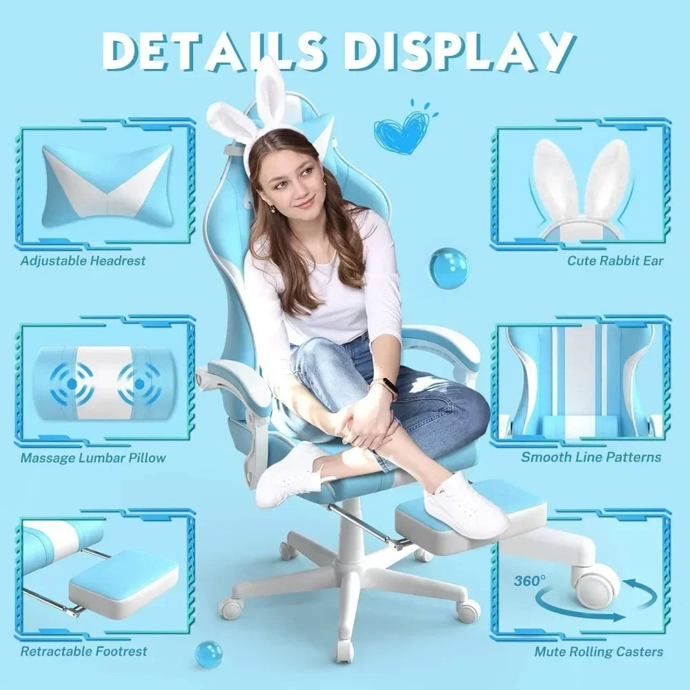Kawaii Light Blue Gaming Chair with Bunny Ears, Ergonomic Cute Gamer Chair with Footrest, Massage Function, Reclining Racing Style Computer Chair