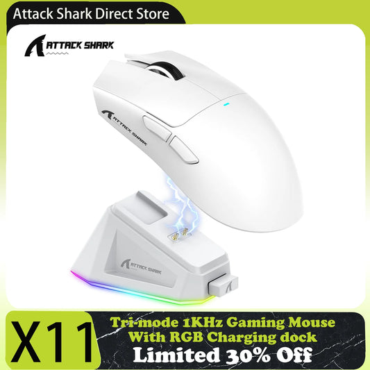 Ratón gaming Attack Shark X11 trimodo con base de carga magnética, sensor PixArt PAW3311, 22K DPI, BT/2.4Ghz/cableado, para PC/MAC