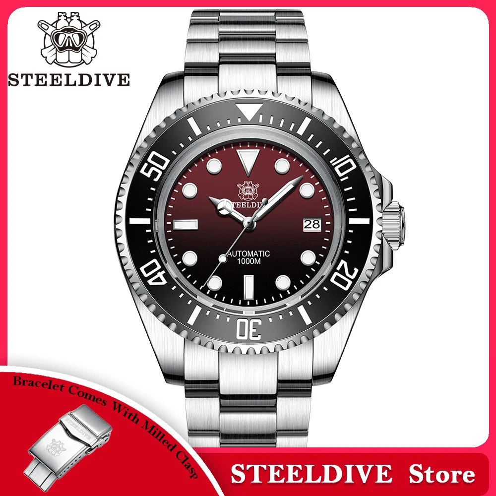 SD1964 STEELDIVE 1000M Waterproof 45.4MM Big Water Ghost Watch For Men Super BGW9 Blue Luminous Dive Watch with Valve
