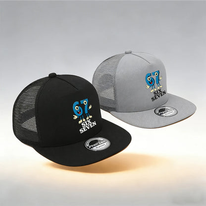 1/2PC Flat Brim Mesh Trucker Hat, Breathable, Cartoon 67 SIX SEVEN Anthropomorphic Print, Retro Streetwear for Men Women